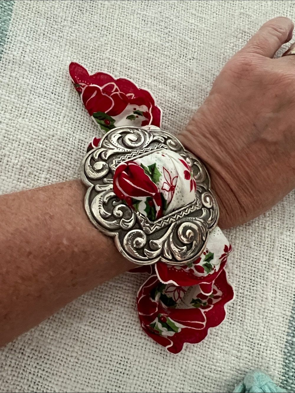 Silver Floral Fabric Cuff Bracelet - Red made from vintage hankie and belt